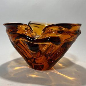 Vtg Cigar Ashtray Catch All Bowl Pinched Chalet Style Amber Blown Glass 70s